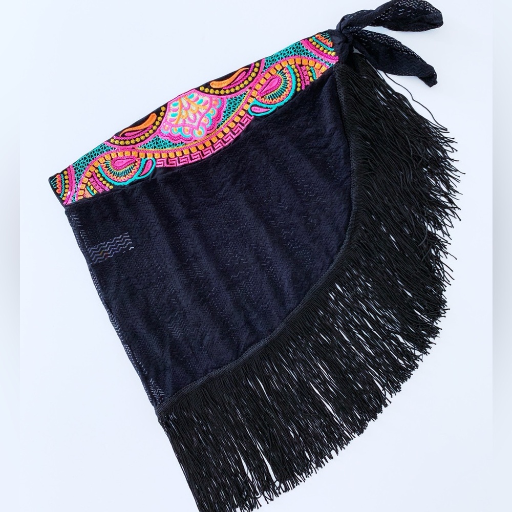 NWT Boho Black Fringe Details Short Skirt Beachwear Cover-Up